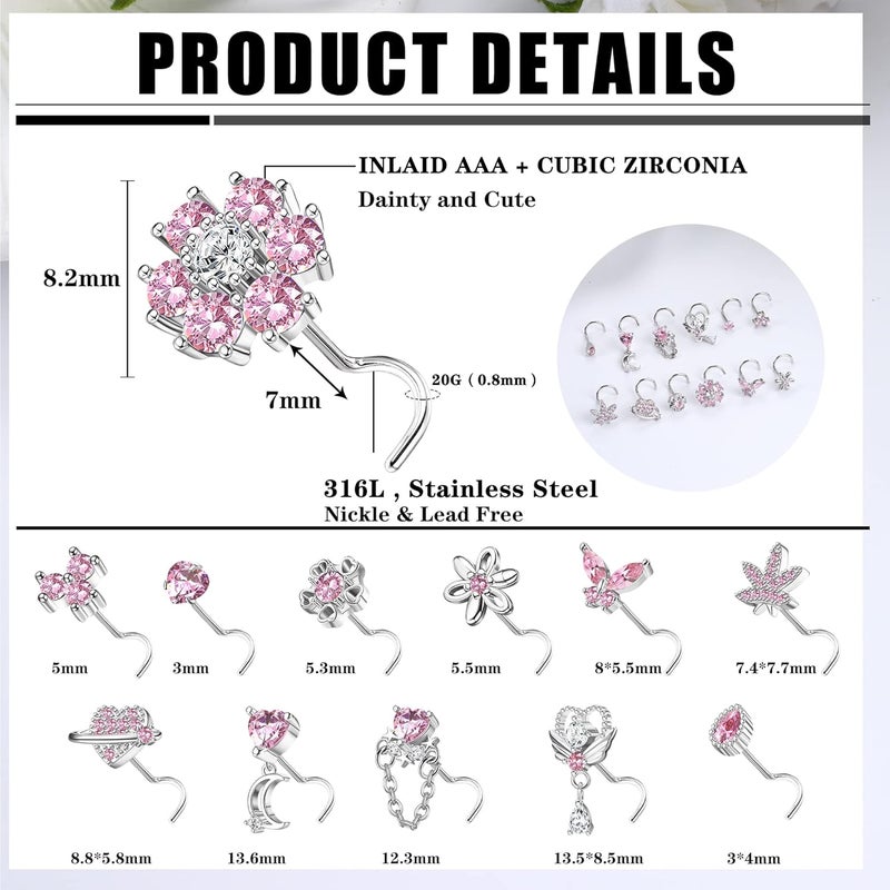 Sanfenly 12 PCS 20G Nose Rings Surgical Stainless Steel, L Shaped Nose Studs for Women Men, CZ Heart Butterfly Flower Leaf Moon Dangle Cute Nose Piercings Studs Screw Jewelry Pink/Purple/Blue/Clear - Image 5